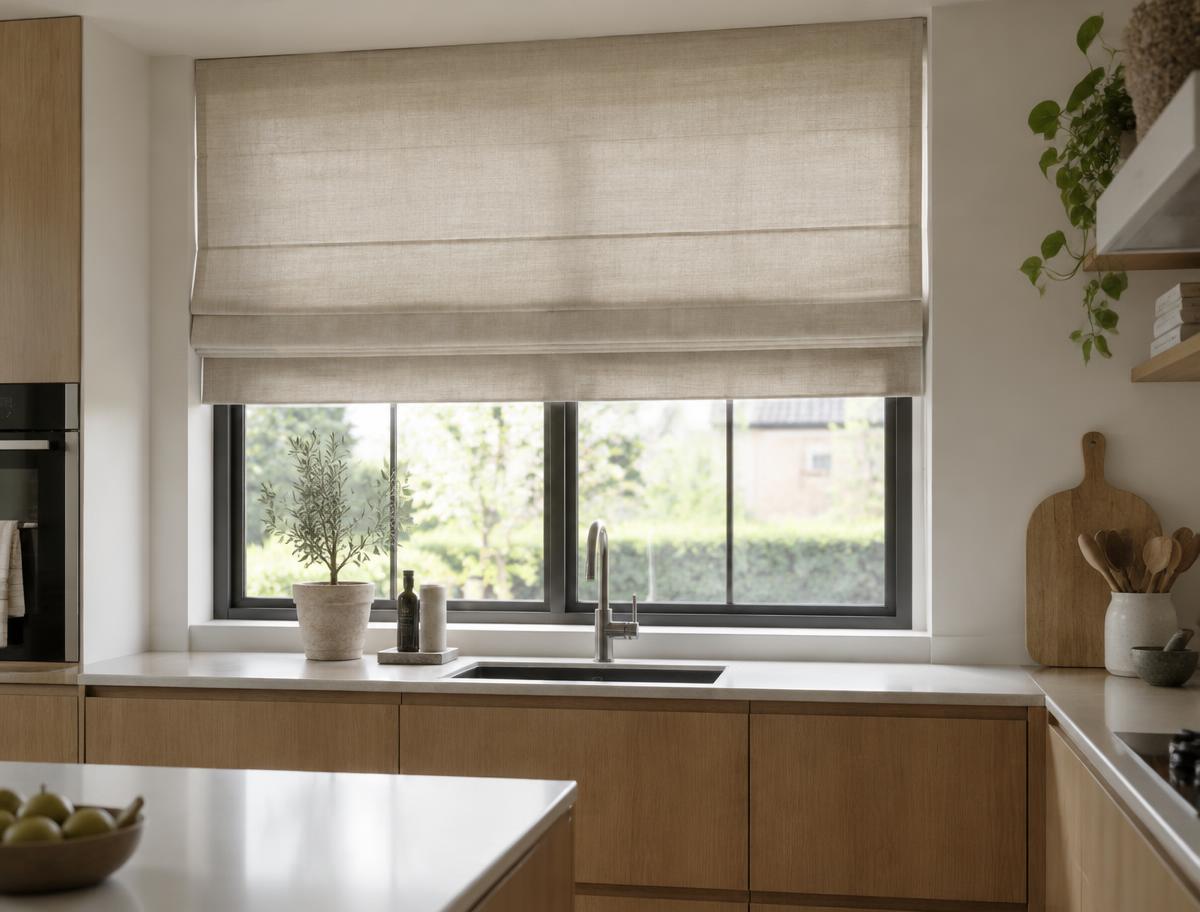 Op maat gemaakt linnen vouwgordijn in een moderne keuken